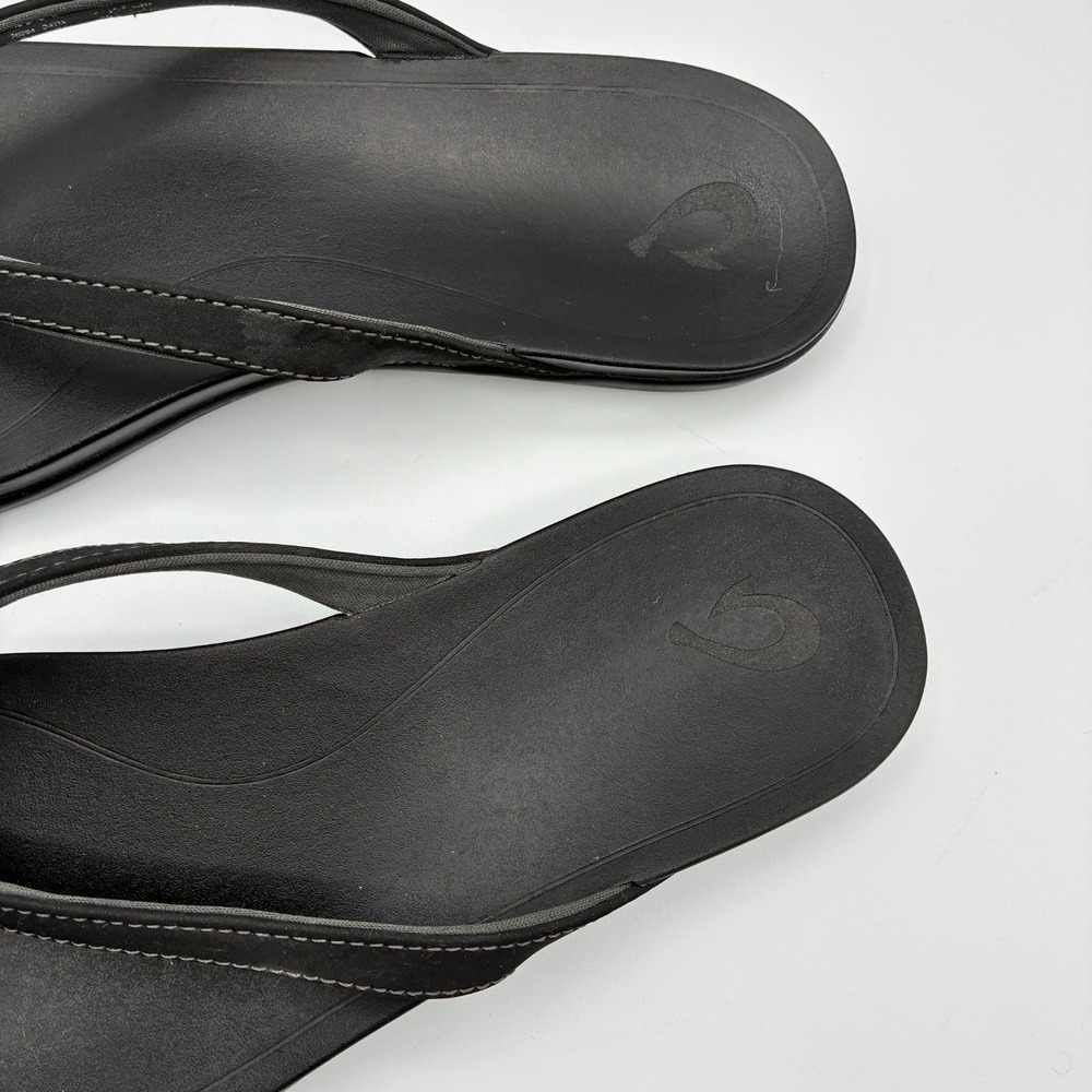 Olukai Flip Flops Womens 11 Ho'opio Black Leather Thong Flats Slip On Beach - Picture 3 of 10